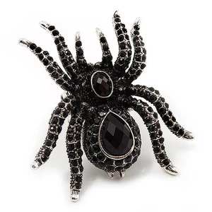 Oversized Jet Black Crystal Spider Stretch Cocktail Ring (Silver Tone) - Picture 1 of 6
