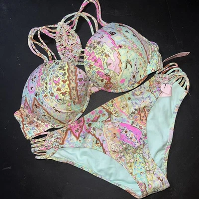 Victoria's Secret 36C BIKINI M NEÓN PAISLEY Amarillo Rosa Azul CORREAS macramé Foto 1 de 4