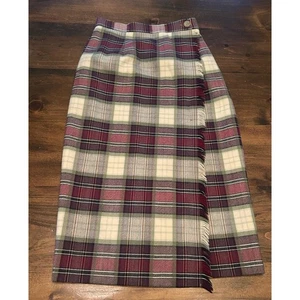 Talbots Vintage Plaid Wool Skirt Size 6 Petite Burgundy Preppy Academia Midi - Picture 1 of 9