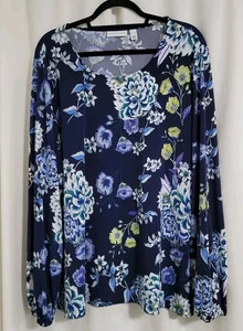 Susan Graver XL Top Floral Gardner Boho Artístico Azul Slinky Iglesia Madura - Imagen 1 de 8