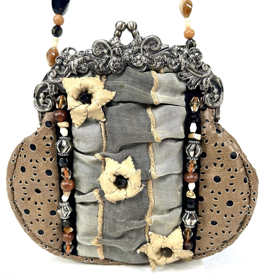 Mary Frances Beaded Flower Butterfly Purse Satin Leather Brown Gray Evening Bag - Image 1 of 4