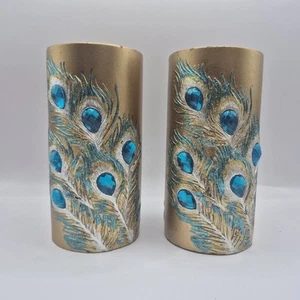 Pier 1 Peacock Feather Gem Pillar Candles Turquoise & Silver Gemstone Glitter - Picture 1 of 7
