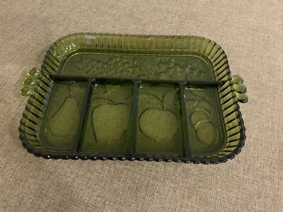 Vintage Indiana Glass Green Divided 5 Part Relish/ Serving Dish w/ Fruit Design - Image 1 of 3