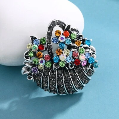 Flower Basket Vintage Style Silver Crystal Rhinestone Brooch & Gold Bag - VIDEO - Image 1 of 4