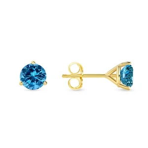 1 Ct Round Blue Created Diamond Earrings Studs Real 14K Yellow Gold Martini Push - Picture 1 of 3