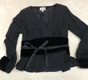 cinq a sept silk blend velvet trimed long sleeve faux wrap blouse black top xs - Picture 1 of 9