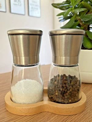 Salt & Pepper Grinder Set - Glass/Bamboo - Includes Trivet - Ceramic Grinder - Image 1 of 4