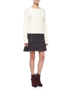 Veronica Beard "Forge Stripe" Blue & Red Wool Button Front Mini Skirt, Size 0 - Picture 1 of 9