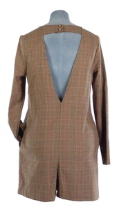 ASOS Romper Long Sleeve Playsuit Jumpsuit Brown Checked Cut Out Back UK 6 BNWT - Picture 1 of 8