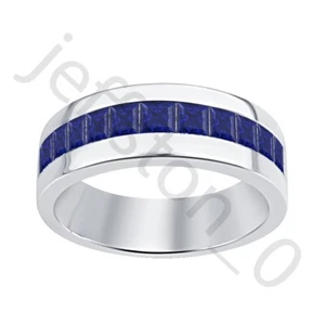 0.80 Ctw Lab Created Blue Sapphire 14K White Gold Over Wedding Band Men's Ring - Picture 1 of 5