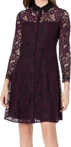 Nanette Lepore Women's Long Sleeve Button Front Lace Shirt Dress, Plum, 4/6 US - Picture 1 of 10