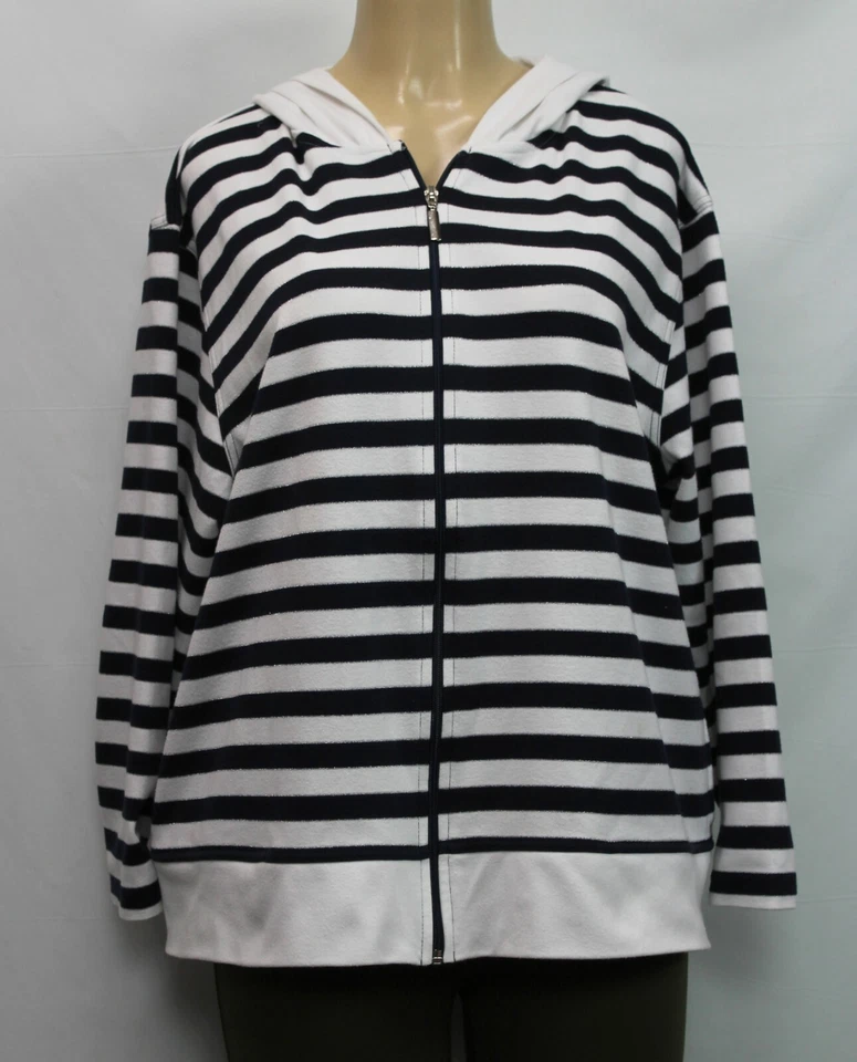 Suéter para mujer Dressbarn con capucha a rayas manga larga azul/blanco talla 14/16 Foto 1 de 4