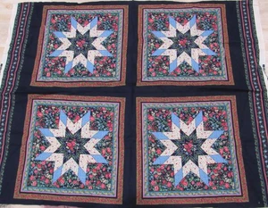 Vintage OZARK CALICOS Cheater Quilt Blocks 4 Fabric Panel 34" x 44" Navy Floral - Picture 1 of 3