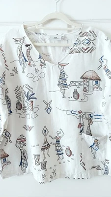 White Linen Blend Tribal Print Blouse, Size Large Petite, Womens, MADE IN USA  - Image 1 of 4