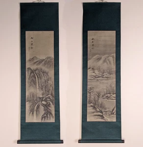 Pair Japanese Ink Landscape Scroll Painting Autumn Winter Seido Vintage  - Picture 1 of 14