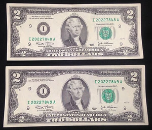 Two Sequential 2003 $2 Two Dollar Bills, One Gem Uncirculated, FRB I Minneapolis - Picture 1 of 2