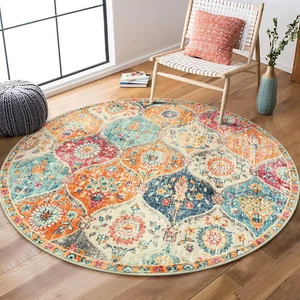 Moroccan Trellis round Area Rugs, Washable Small round Rug 3Ft Non-Slip, Soft Vi - Picture 1 of 12