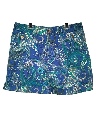 Lauren Ralph Lauren 女式蓝色佩斯利短裤金色纽扣卷边袖口尺寸 6 30x16 — 第 1/4 张图片