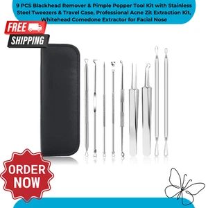 9 PCS Blackhead Remover & Pimple Popper ToolKit with Stainless Steel Tweezers & - Picture 1 of 7