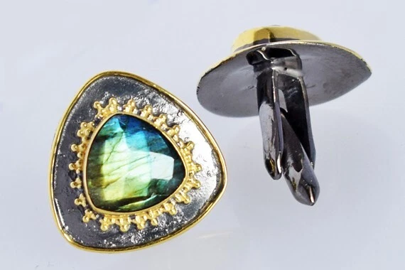 Natural Trillion Labradorite Gemstone Cufflinks 925 Silver Gold Plated Jewelry Foto 1 de 1