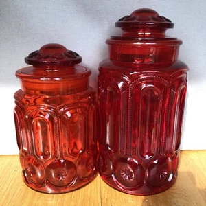 2 Moon & Stars Amberina Orange Red Vintage LE Smith Glass Canister Jars 11” & 9” - Picture 1 of 12