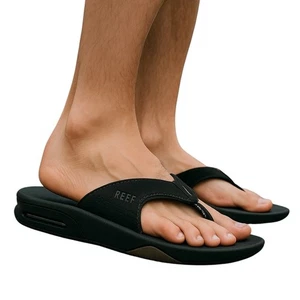 REEF Fanning Men’s Sandals – Black Flip Flops w/ Bottle Opener – Size 12 - Picture 1 of 11