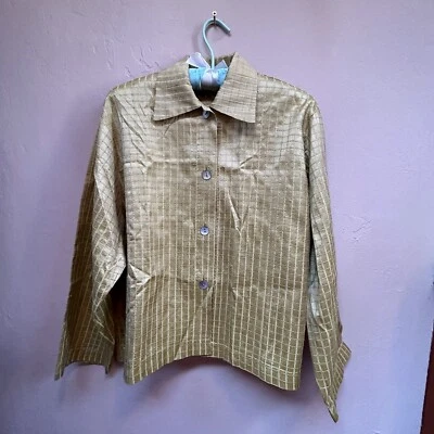 Lisbeth Womens Gold Silk Blouse Long Sleeve Button Down Checkered Top Medium Foto 1 de 4
