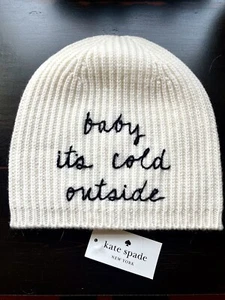 KATE SPADE BABY IT'S COLD OUTSIDE Ivory/Winter White Black Script BEANIE HAT NWT - Picture 1 of 4