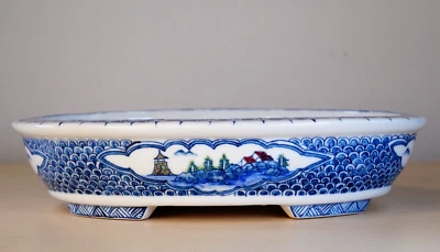 Japanese Bonsai Pot YUKI SHOSEKI 9.3"(23.5cm) Landscape Sansui Painted Oval Y639 - Image 1 of 4