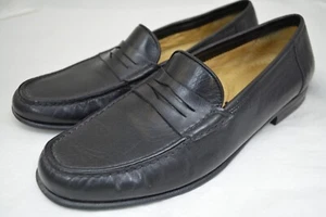 Mens SANTONI Black Leather Penny Loafer Slip On Dress Shoes Size 9 B Narrow - Picture 1 of 9