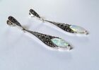 Antique Deco style Fire Opal Marcasite Dangly Earrings Sterling silver Bridal 