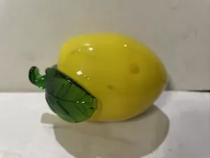 Vintage Murano Glass Lemon Fruit Decor Stem Leaf Bubbles Bright Yellow 4x2” - Picture 1 of 12