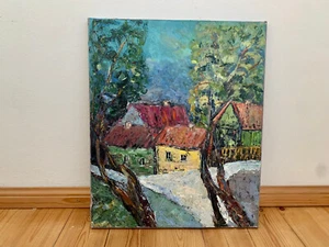 Dorflandschaft Ölgemälde auf Leinwand Original Bunte Häuser Gemälde Signiert - Bild 1 von 8