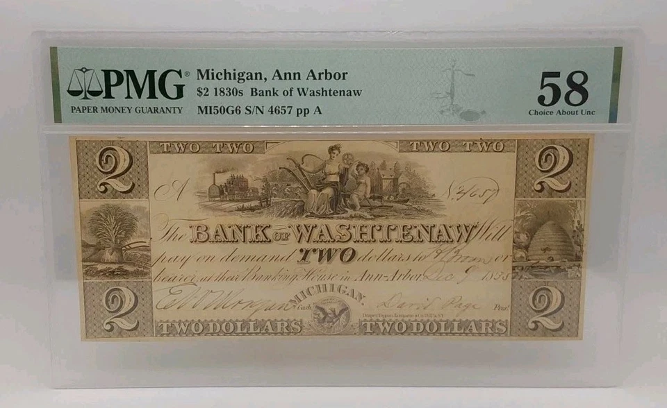 1835 $2 Bank Of Washtenaw, Ann Arbor Obsolete Currency PMG CH UNC 58 MI50G6 - Image 1 of 4