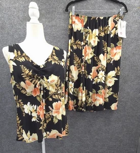 Hilo Hattie Skirt Outfit Womens Large Sleeveless Top Skirt Black Floral NEW - Picture 1 of 16