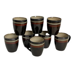 Set Of 8 Gibson Elite Lewisville Top Color Lines Dark Brown Coffee Tea Cup Mug - Picture 1 of 5