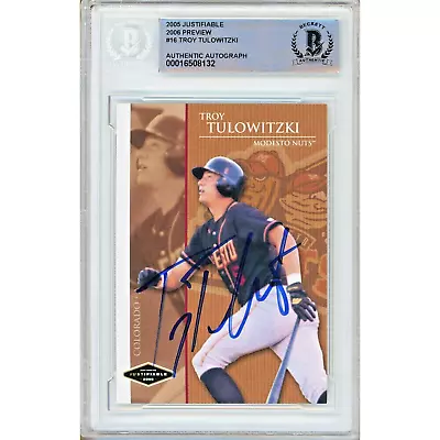 Troy Tulowitzki Firmado 2005 Justificable 2006 Vista Previa #16 Tarjeta AUTO Losa Beckett Foto 1 de 4