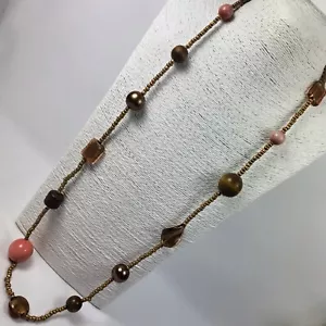 Necklace Costume Jewellery Long Beaded Orange Bronze Glass Plastic Beads  - Picture 1 of 5