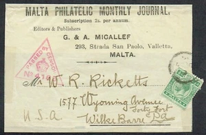 c.1915 Malta Wrapper to USA Malta Philatelic Monthly Journal Censored RARE VGU - Picture 1 of 1