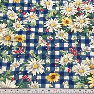 Tela de algodón vintage de diseño Kessler margaritas y guinga azul 3,5 yardas x 44" - Imagen 1 de 2