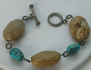 Vintage Large Nugget Turquoise & Petrified Wood Sterling Fancy Toggle Bracelet - Picture 1 of 6