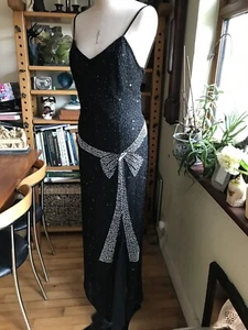 VINTAGE SIZE 12 100% SILK DESIGNER DRESS BLACK WHITE BEADING BOW STRAPPY MAXI - Picture 1 of 12