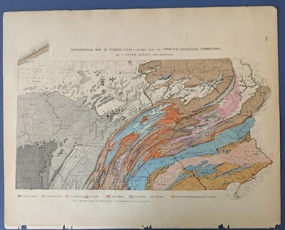 J. Peter Lesley Geological Map of Pennsylvania Hand-Colored Formations 1872 - Image 1 of 4
