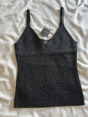 NEW Club Monaco Metallic Ribbed Knit Lurex Tank Top  Black Silver V Neck Large L - Image 1 of 4