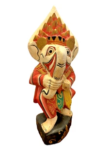 Vintage Wood Wooden Ganesh 11.25 Inch Multicolor Hindu God Elephant Statue Carve - Picture 1 of 10