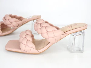 Braided Mules Clear Heel Block Blush Pink Plaid Square Toe Double Strap size 4 - Picture 1 of 14