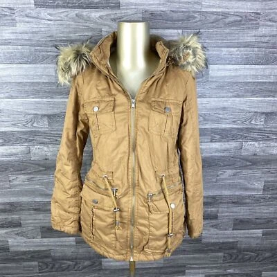 YMI полный молнии шнурка галстук хаки искусственного меха с капюшоном парка куртка женский размер S - Изображение 1 из 4