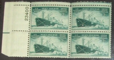 US 3¢ stamp SC #939 Merchant Marine Peace & War plate block with fault - Image 1 of 3