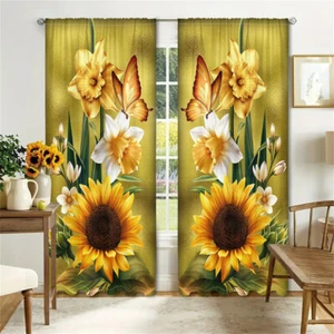 2Pcs Sunflower Butterfly Window Curtains Drapes Bedroom Living Room Kitchen 84in - Picture 1 of 24