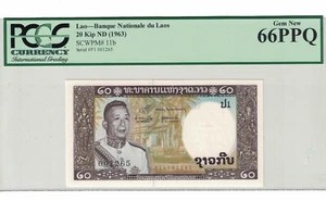 LAOS 20 KIP 1963 PICK# 11b PCGS: 66 PPQ UNC. #PL1603 - Picture 1 of 2